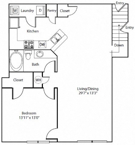 Floor plan for 1 bed, 1 bath, 987 sqft